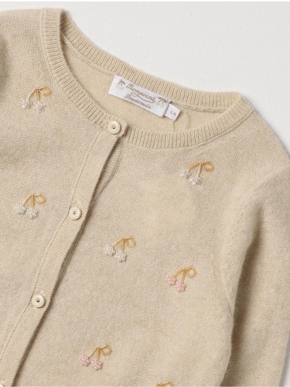 BONPOINT Beige Embellished Knit Cardigan with Beaded Cherry Motif